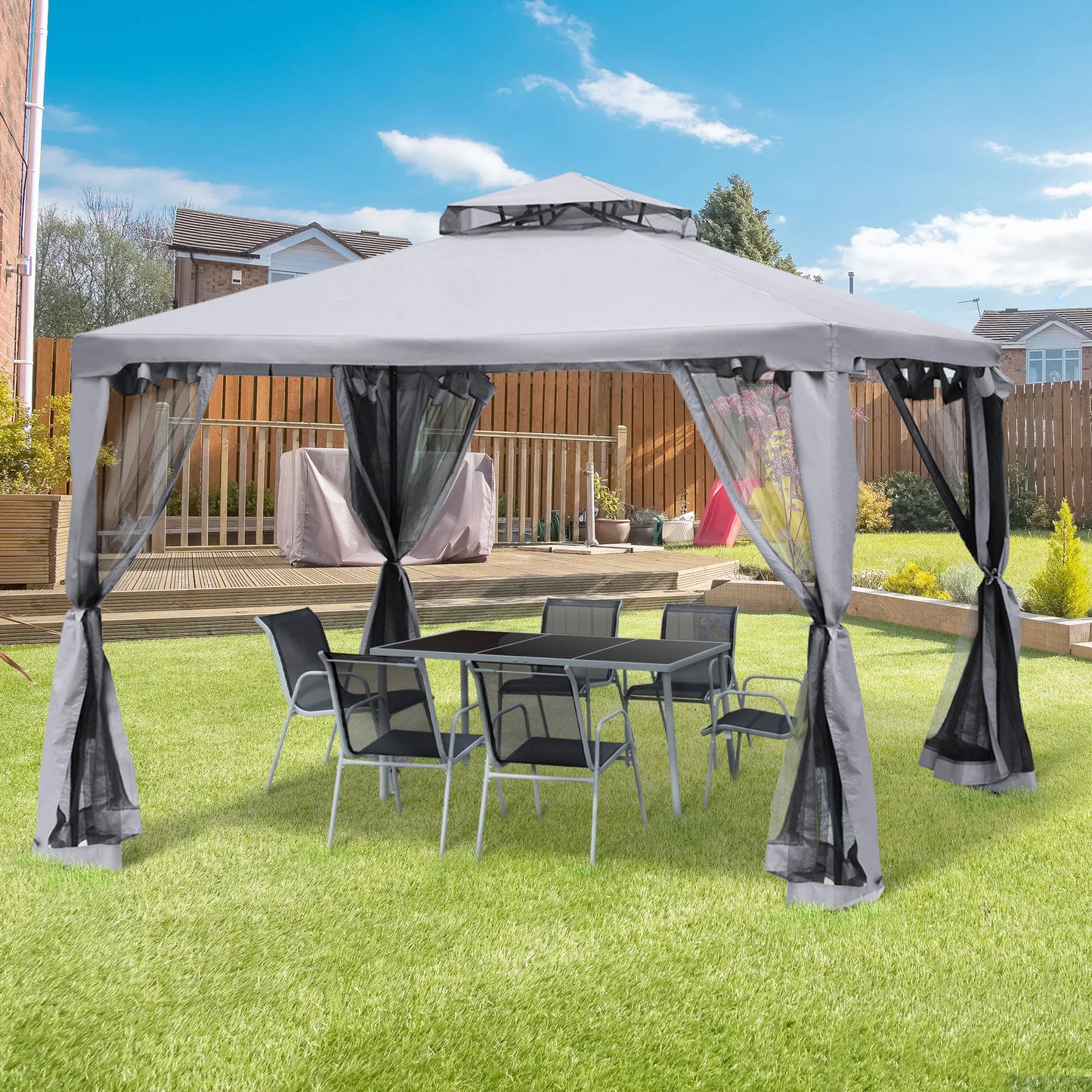 Tuinpaviljoen – Tuin Prieel – Buitenpaviljoen – Terraspaviljoen – Overkapping – Buitenverblijf – Metalen Frame – Waterafstotend Dak – Insectengaas Zijwanden - Grijs