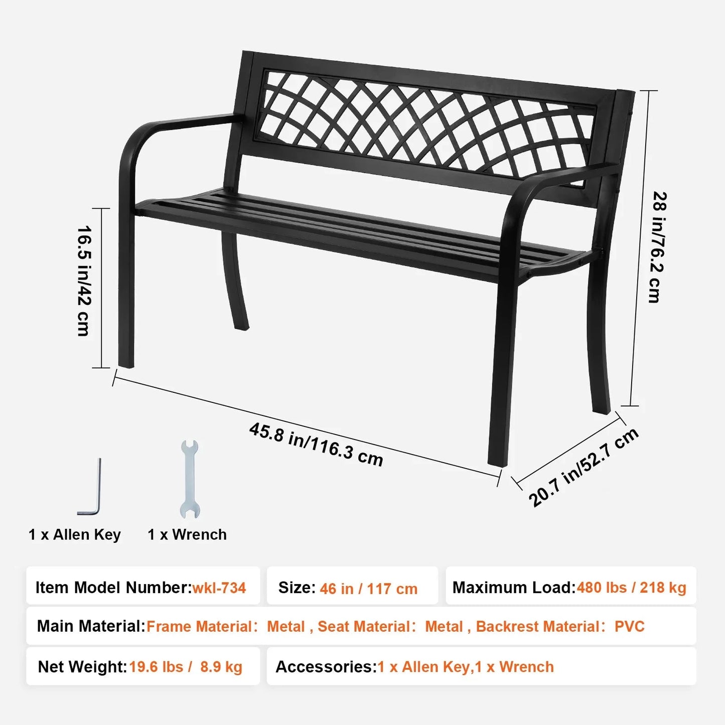 Tuinbank - Buitenbanken - Tuinbanken - Terrasbank - Tuinbankjes Weerbestendig - Hout en Metaal - Rugleuning - Armleuningen - voor Tuin - Terras - Park - 46inch  - Zwart - QUORE
