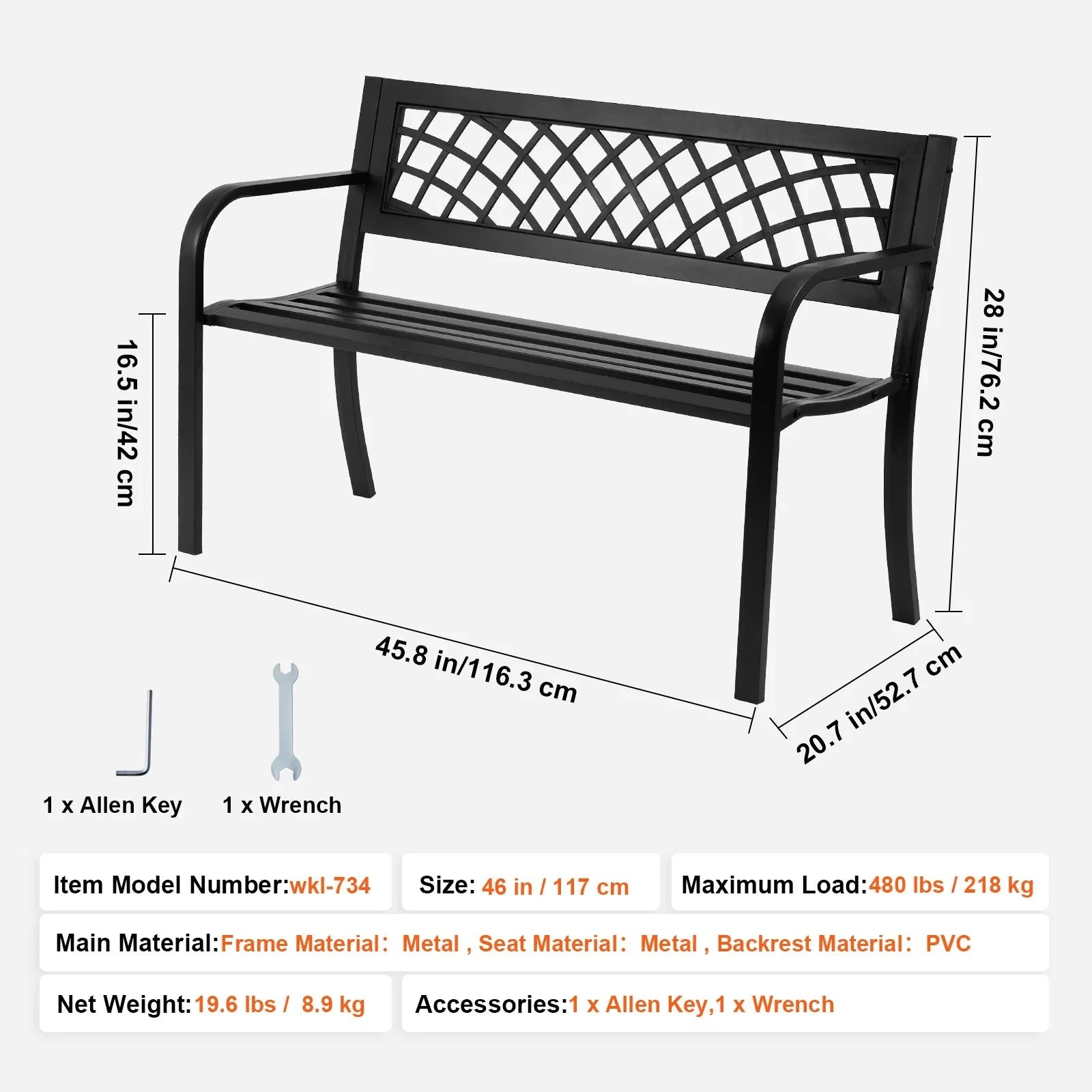 Tuinbank - Buitenbanken - Tuinbanken - Terrasbank - Tuinbankjes Weerbestendig - Hout en Metaal - Rugleuning - Armleuningen - voor Tuin - Terras - Park - 46inch  - Zwart - QUORE