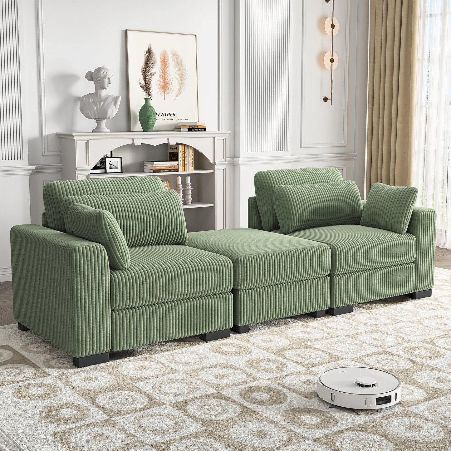 Groene Velours Modular Bank – Modulaire Bank – Lounge Bank – Zithoek Bank – Woonsalon – Zacht Velours Materiaal – Inclusief Voetenbank