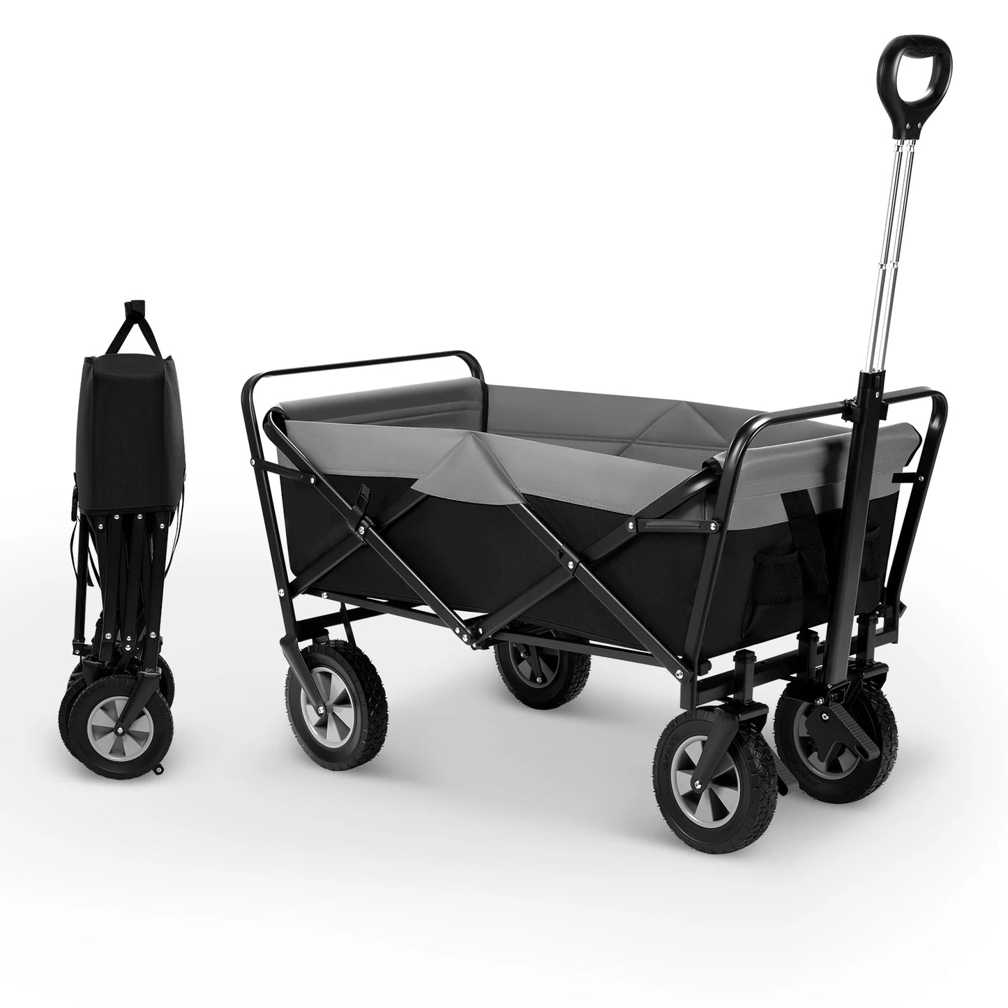 Tuinwagen - Tuinkar - Bolder - Transport - Strand - Boodschappen - Heavy-duty - Plat- en - Hekwerkontwerp - Voor Tuin - Erf - en Magazijn - Ergonomische Handgreep - 100L - 360° Draaibare Wielen - Draagvermogen 80kg - Zwart en Grijs - QUORE