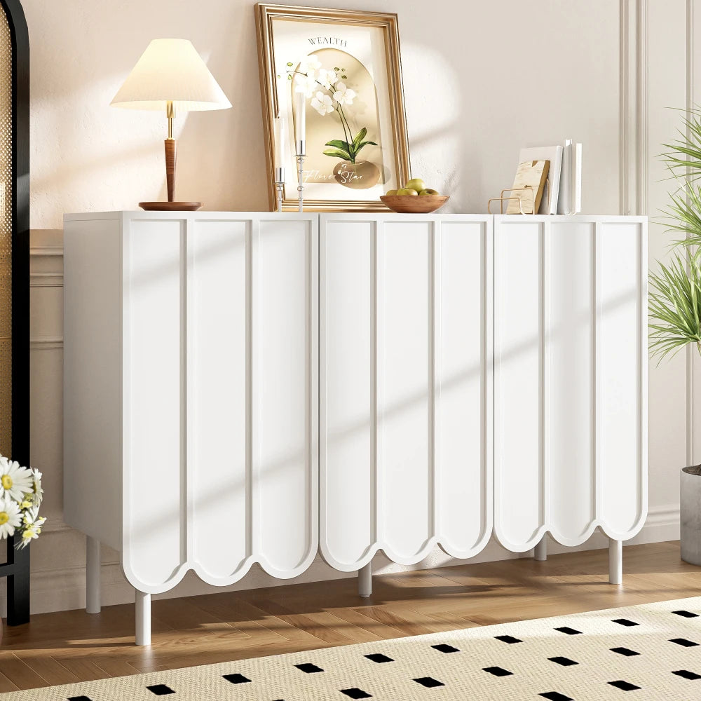 Modern Dressoir – Wit Dressoir – Sideboard – Opbergkast – Buffetkast – Handenvrij Met Golvende Deuren – Verstelbare Legplanken – Compact 120x35x80 cm