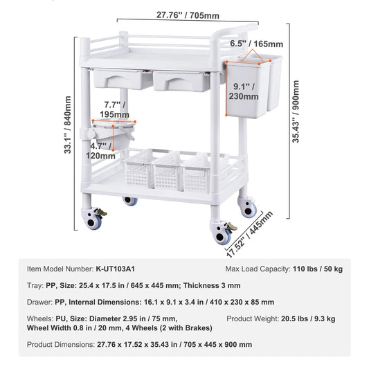 Laboratoriumkar - Wagen - Kar - Wit 4 PP 2 4 - met ABS materiaal Lab Rolling Cart - voor Lab Clinic Ziekenhuis Salon