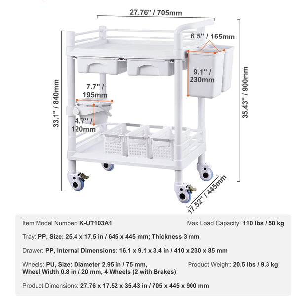 Laboratoriumkar - Wagen - Kar - Wit 4 PP 2 4 - met ABS materiaal Lab Rolling Cart - voor Lab Clinic Ziekenhuis Salon