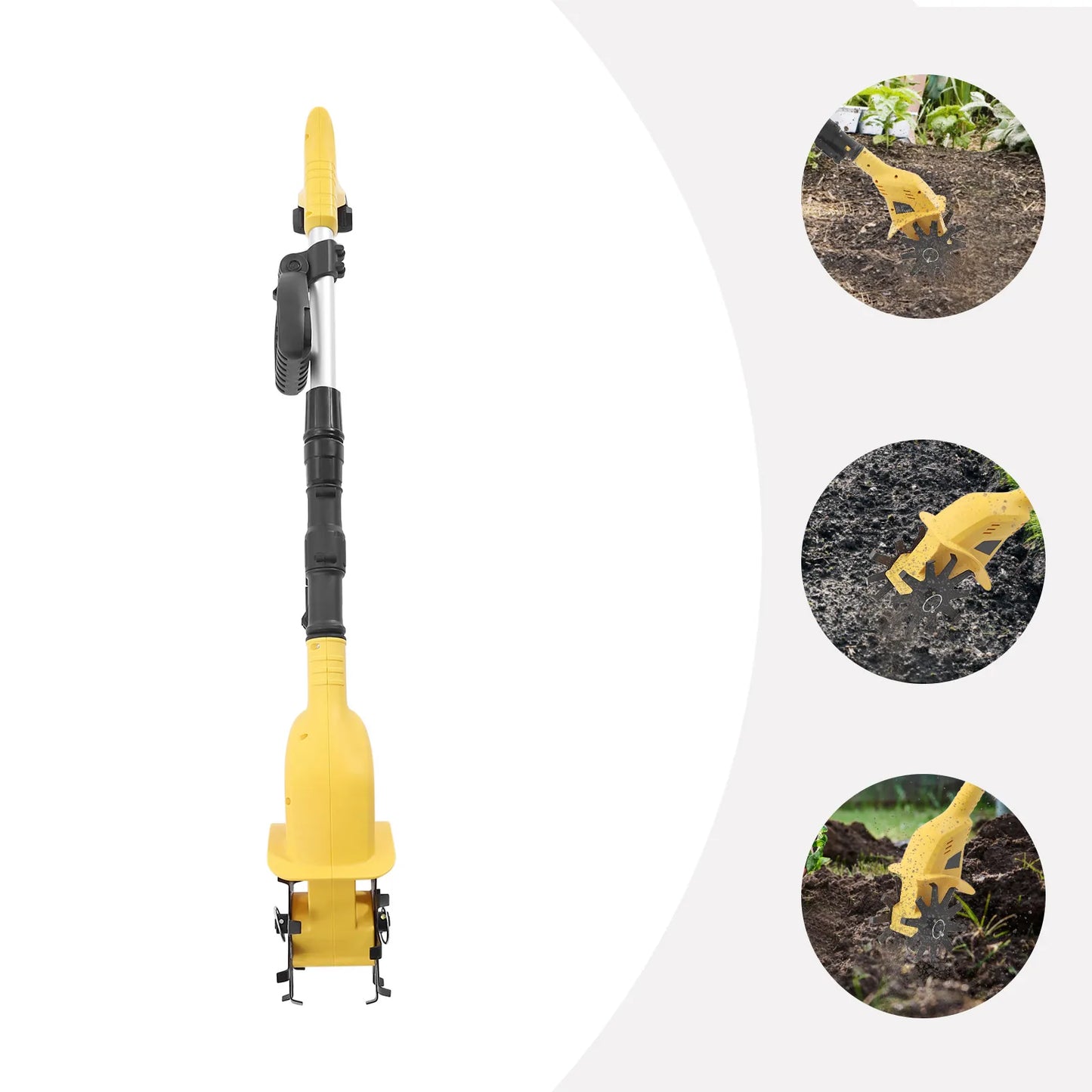 Elektrische Cultivator - Draadloze Tuincultivator - Accu Onkruidverwijderaars - Onkruidsteker - Handheld - Dubbelzijdige - met Uitschuifbare Paal - 20V - 110-240V - 250 RPM - 2000 mAh - 85 dB - Teeltbreedte 10 cm - Geel