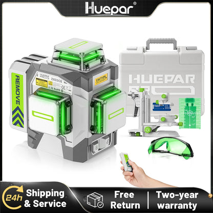 Huepar High Accuracy 3D Laser Level Professional 12 Lines Self Leveling Green Beam Cross Line Laser Tool &8000mAh Li-ion Battery
