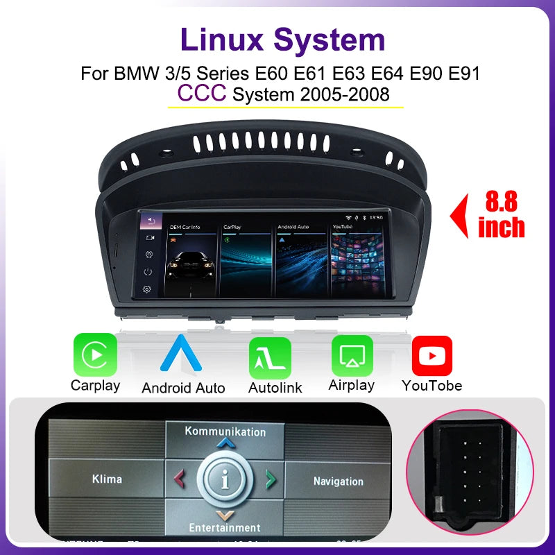 Autoradio BMW 3/5 Serie – Multimedia Systeem – Navigatie Unit – Touchscreen Radio – Draadloos CarPlay Android Auto – 8,8 Inch Display – Linux Besturingssysteem - QUORE
