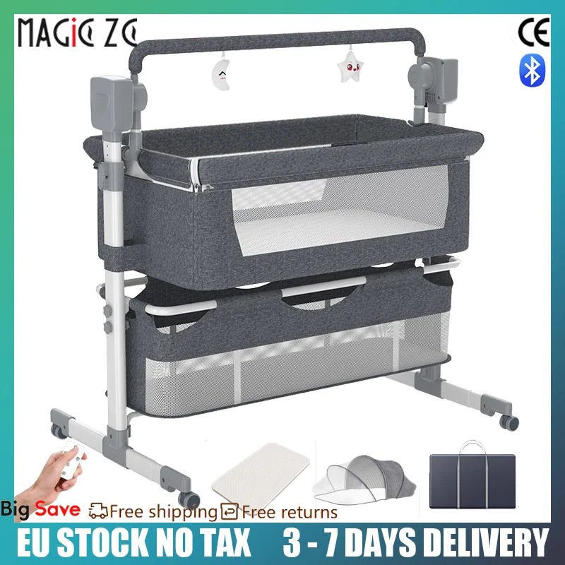 Electric 3-in-1 Baby Cradle Bedside Crib, High Chair and Rocker with Bluetooth, Remote Control, Storage Basket and Wheels for In - QUORE