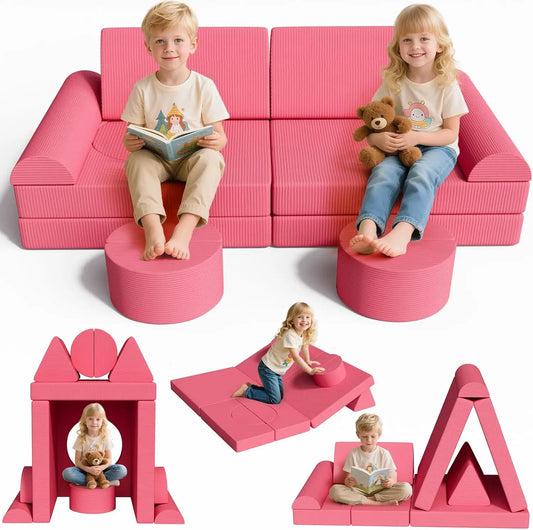Kinder Speelbank – Kindersofa – Speelbank Zacht – Modulaire Speelset – Peuterspeelbank – Oeko-TEX Corduroy – 14-delige Set 140x70x44 cm - QUORE