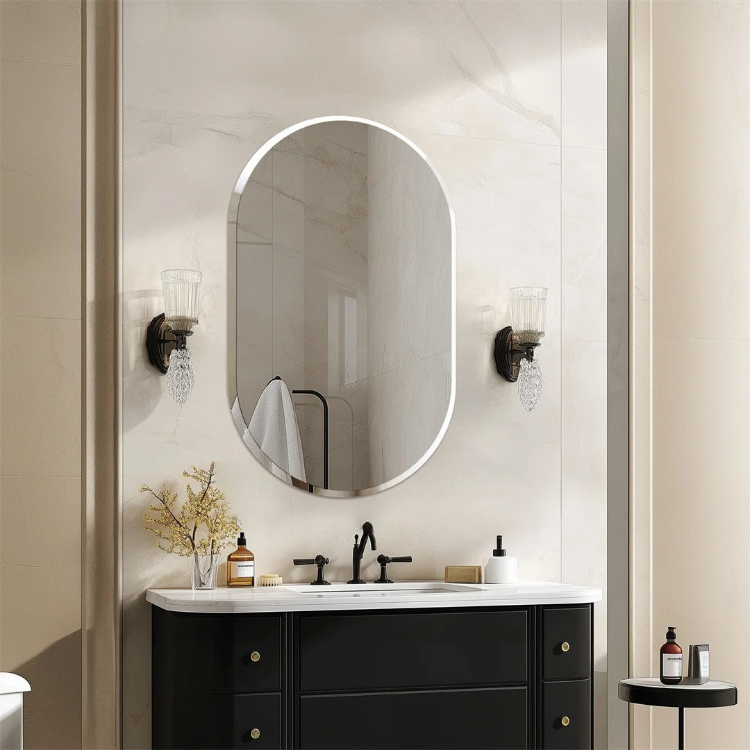 Langwerpige Ovale Spiegel – Wandspiegel – Badkamerspiegel – Frameloze Spiegel – Afgeschuinde Rand – 100x50 cm – Zilverkleurig Glas – Minimalistisch Design