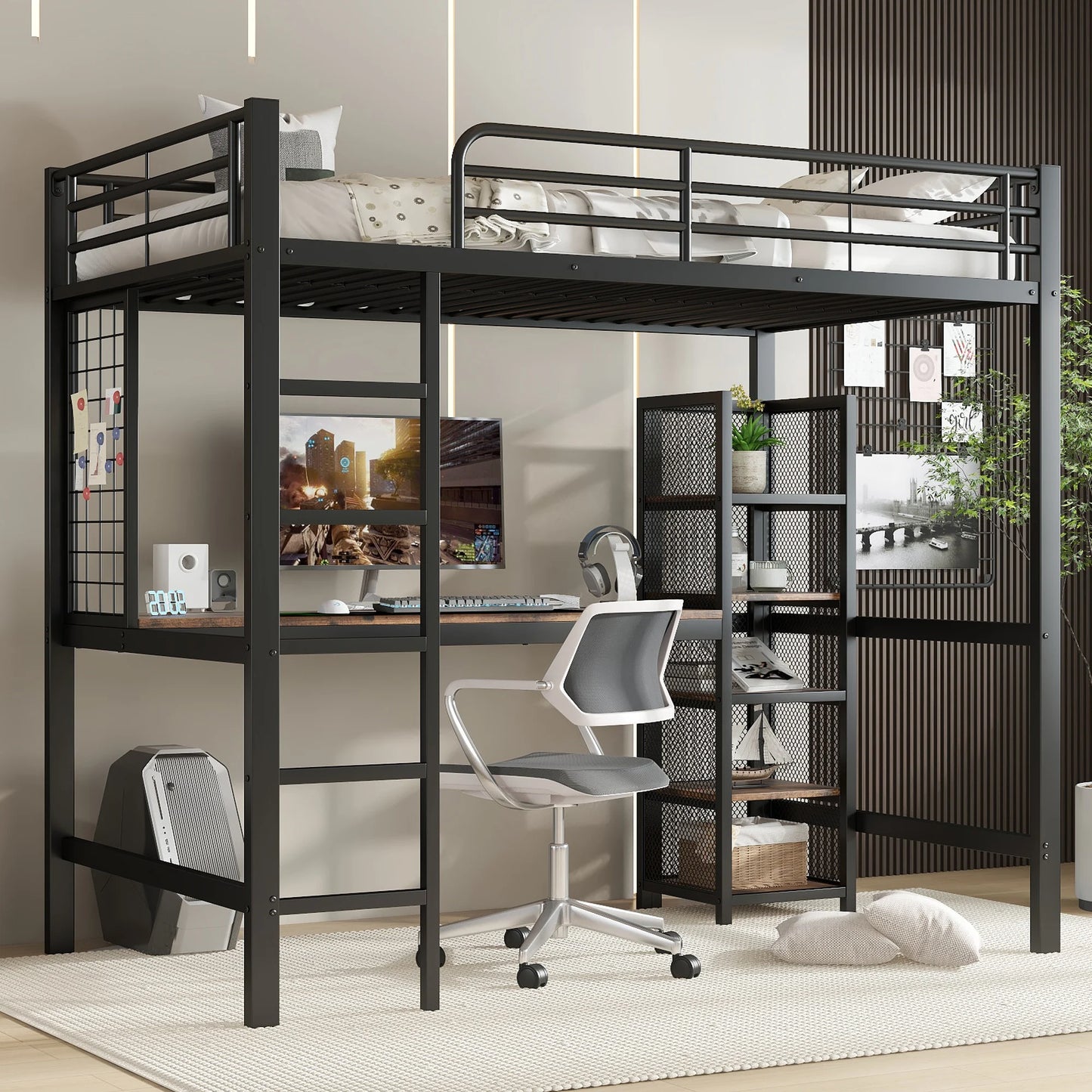 Hoogslaper – Hoogbed – Stapelbed – Combibed – Bedframe – Metaal En Hout – 90x200 cm – Met Bureau En Open Legplanken