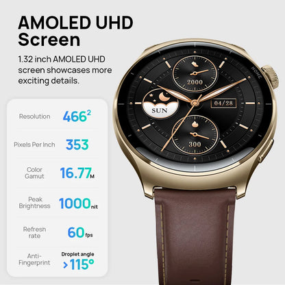 Smartwatchbandjes - Smartwatches - Heren Dames Sporthorloge - 3.35cm - UHD AMOLED - Metalen Kast - Lederen en Rubberen Band - 5ATM Waterdicht - GPS Ingebouwd - 300-450 mAh - Zwartachtig Groen