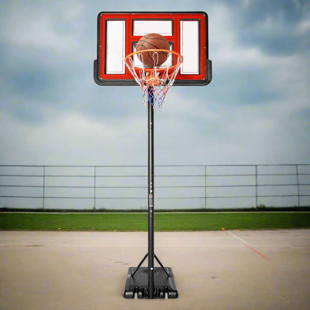 Verstelbare Basketbalpaal – Buiten Basketbalset – Basketbalring – Basketbalstandaard – Weerbestendig Materiaal – Verstelbare Hoogte – Wieltjes - 110 x 75 cm - Rood
