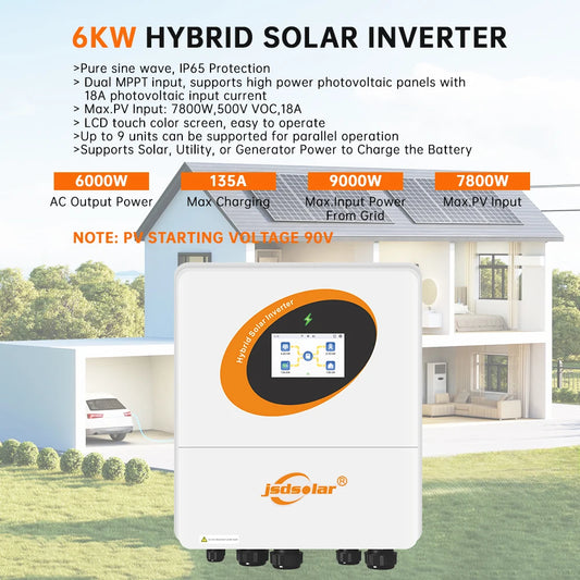 Hybride Zonne-Omvormer – Solar Omvormer – Zonnestroom Omvormer – Off-Grid Omvormer – Netgekoppelde Omvormer – 6KW 48V Variant – Dual Mppt 135A – Ingebouwde WiFi & IP65 Bescherming