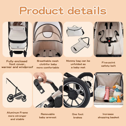 Babywagen - Kinderwagen - Buggy - Wandelwagen - 3-in-1 - met Reiswieg - en Autostoel - Opvouwbaar - Lichtgewicht - Aluminium Frame - voor Baby's - en Peuters - Beige - QUORE
