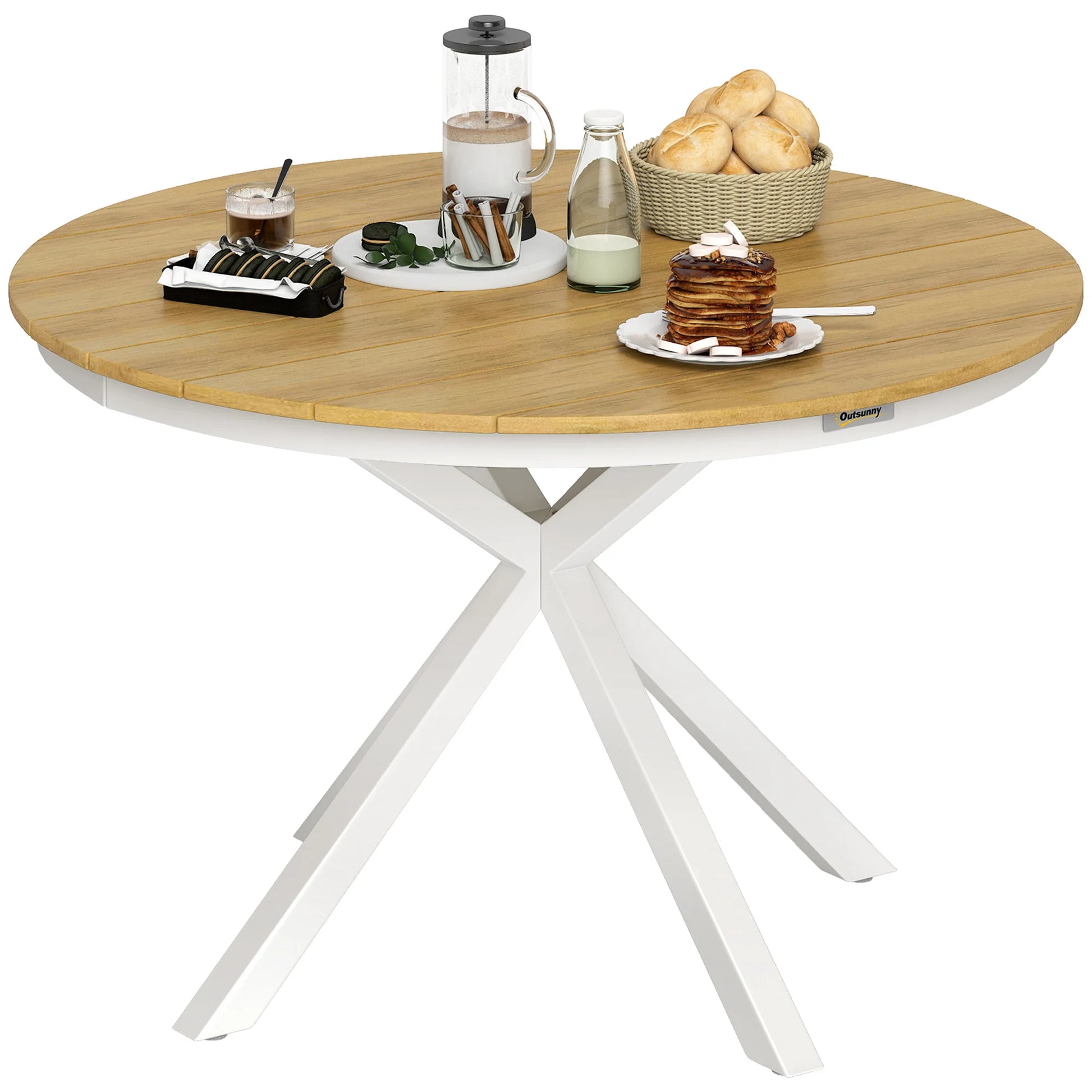 Ronde Tuinset Tafel – Buitentafel – Balkon Tafel – Tuinmeubel – Aluminium Tafel – Teak Kleurig Blad – Verstelbare Poot - QUORE