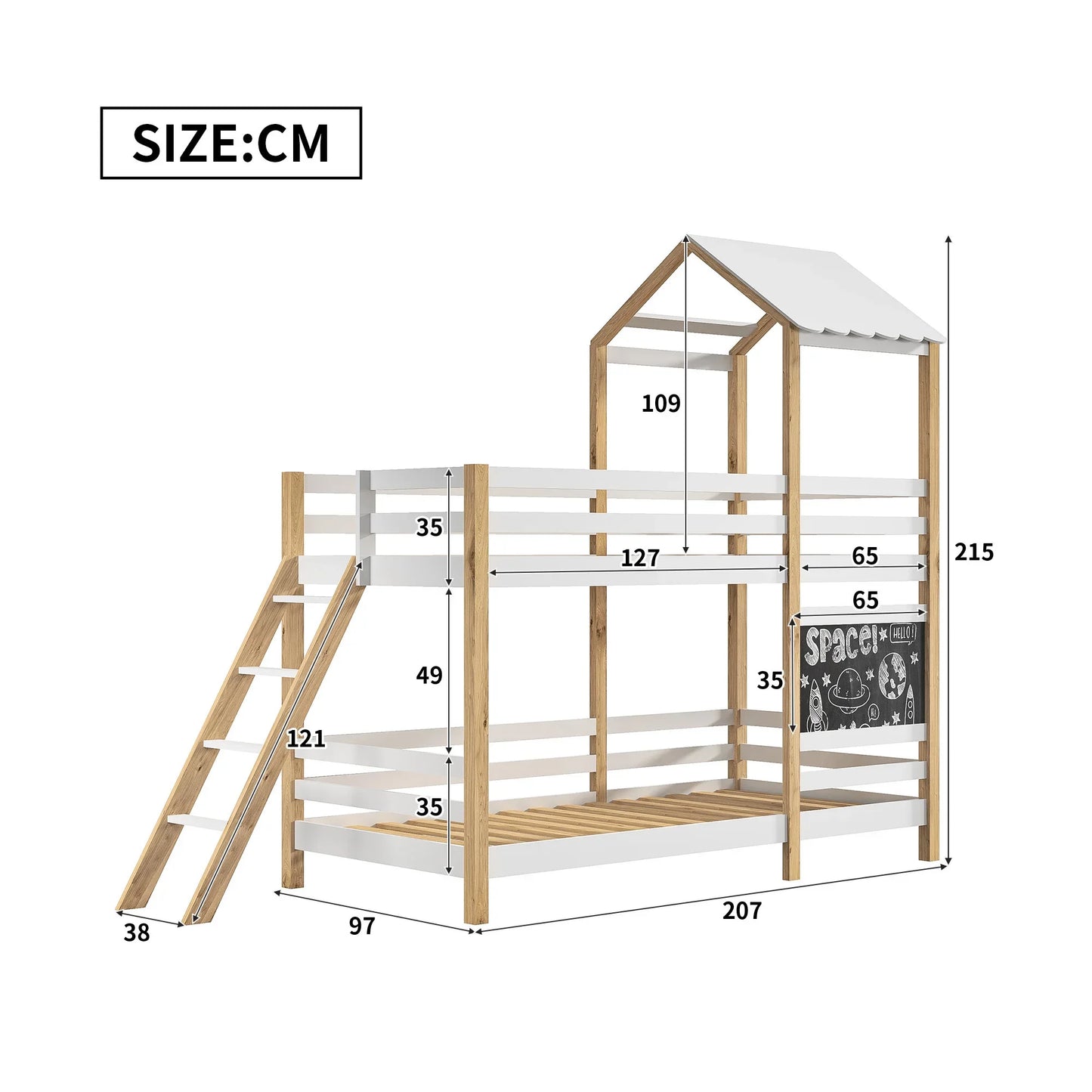 Hoogslaper – Kinderhoogslaper – Huisbed – Speelbed – Bed met veiligheidsrand – MDF en dennenhout – 90x200 cm – Speels ontwerp