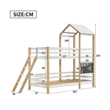 Hoogslaper – Kinderhoogslaper – Huisbed – Speelbed – Bed met veiligheidsrand – MDF en dennenhout – 90x200 cm – Speels ontwerp