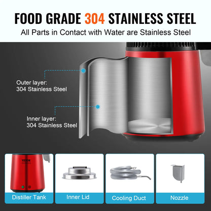 Destilleerapparaat - Water Destilleerapparaat - Waterdispenser - Waterdistilleerder - 4L - Krachtige 750W Waterzuiveraar voor Thuisgebruik - Roestvrij staal - QUORE