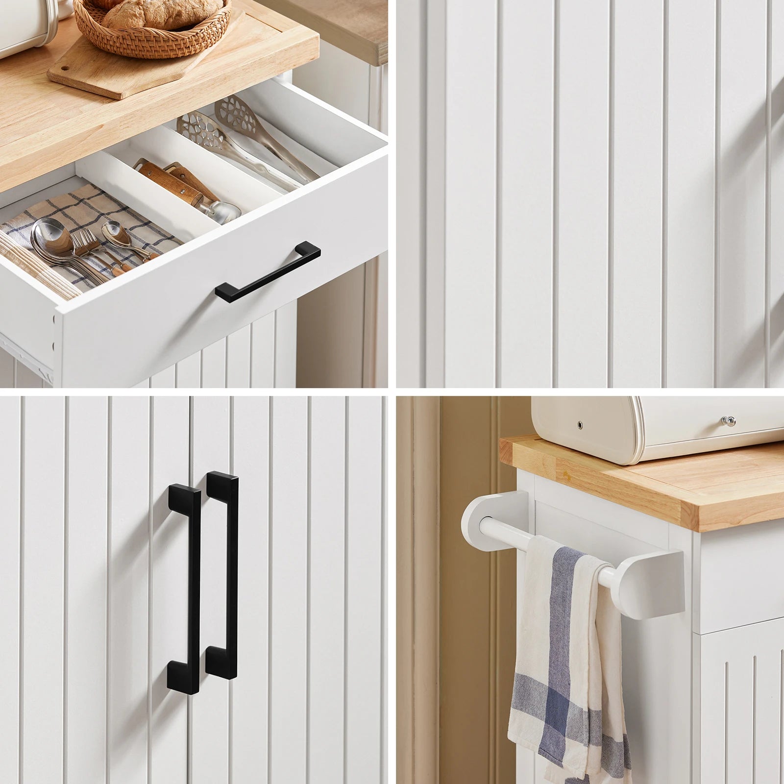 Keukentrolley – Serveertrolley – Werktafel – Keukenwagen – Opbergtrolley – Wit-Naturel – Rubberen Houten Werkblad – Verstelbare Opslagruimte - QUORE
