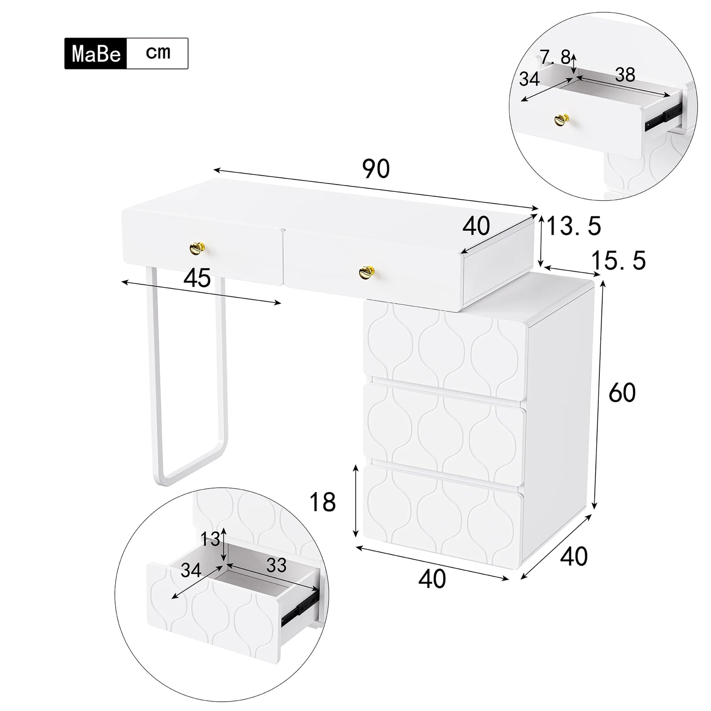 Kaptafel – Make-uptafel – Schminktisch – Dressing Table – Vanity Table – Verwisselbare Zijkanten en Poten – Vijf Ruime Laden – Compact 90x40x73,5 cm