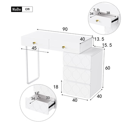 Kaptafel – Make-uptafel – Schminktisch – Dressing Table – Vanity Table – Verwisselbare Zijkanten en Poten – Vijf Ruime Laden – Compact 90x40x73,5 cm