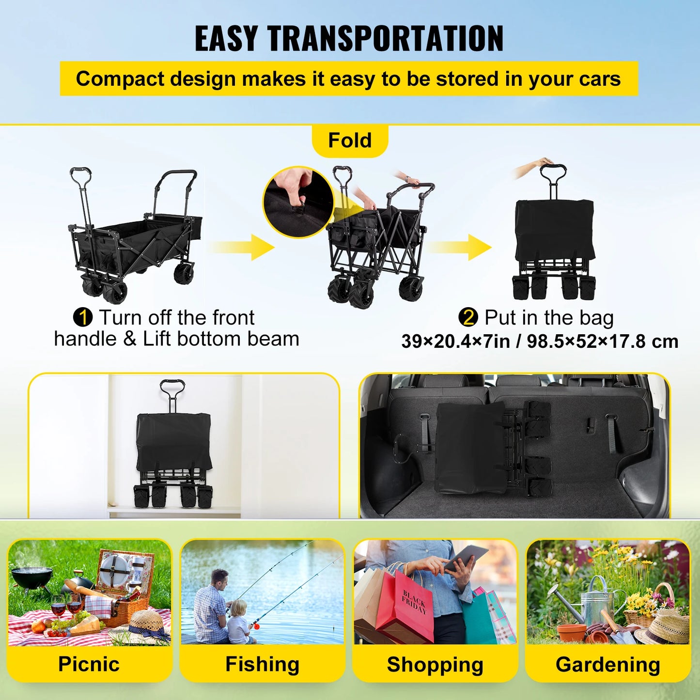Bolderkar - Bolderwagen - Opvouwbare - Tuinkar -  Tuinwagen - Tuintrolley - met Verstelbare Handgreep en Afneembare Luifel - Oxford Stoffen Winkelwagen - voor Outdoor, Camping & Strand - Bolderkarren - Karretje -Draagvermogen 100kg - Zwart