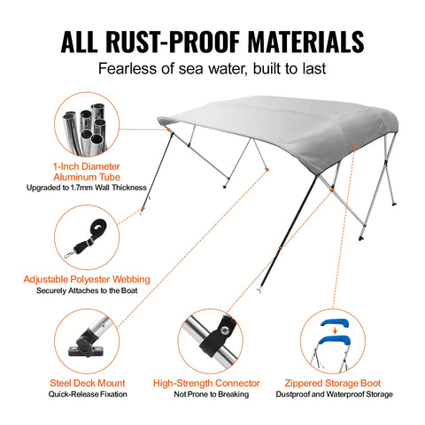 Biminitop 4 Bow - Biminitops - Parasol Cover - Bow Bimini Top Boat Cover - 900D Polyester Canopy - with 1” Aluminum Alloy Frame - Waterproof - Pacific Blue