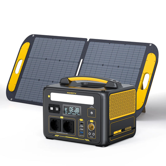 Powerstation - Stroomgenerator - Mini-Generator - Draagbare - Krachtcentrale - met 110W Zonnepaneel - AC Stopcontacten - LiFePO4 Batterij - voor Thuis - Tenten - Buiten - Kamperen - 299Wh - 600W - Zwart/Geel - QUORE