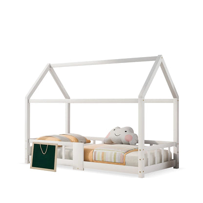 Huisbed kinderen – kinderbed – bedhuisje – kinderbedframe – peuterbed – Grenen hout – Krijtbord – 90x200 cm – Uitvalbeveiliging – Lattenbodem – Wit