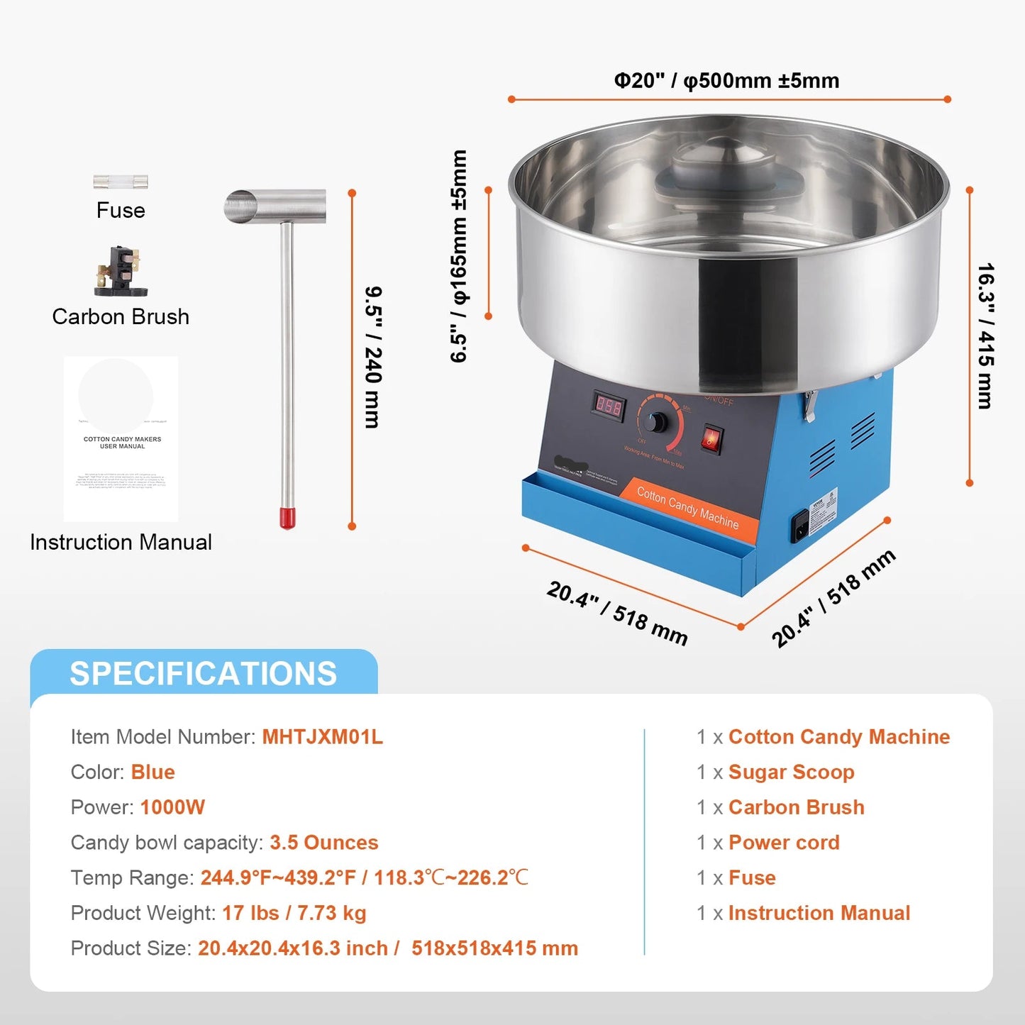 Suikerspinmachine Elektrisch - Suikerspinmachines - Mini Suikerspin - Suikerspinmaker - 1000W - RVS Kom - Instelbare Temperatuur - Suikerschep Inclusief – Voor Feest - Kermis & Evenementen - Blauw - QUORE