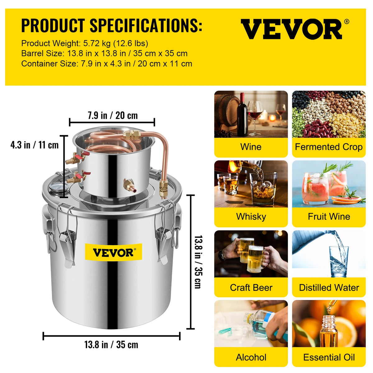 VEVOR 3/5/8 GAL Water Alcohol Distiller Copper Wine Making Boiler Multi Home DIY Brewing Distilling Kit for Fruit Wine Brandy