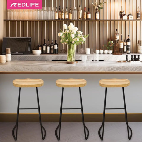 Barkruk - Barstoel - Kruk - Barstoelen - Keukenstoel - Set van 2 Barkrukken - Massief houten eetkamerstoelen - met vaste metalen basis - moderne meubels voor bar en huis - Natuurlijk/Zwart