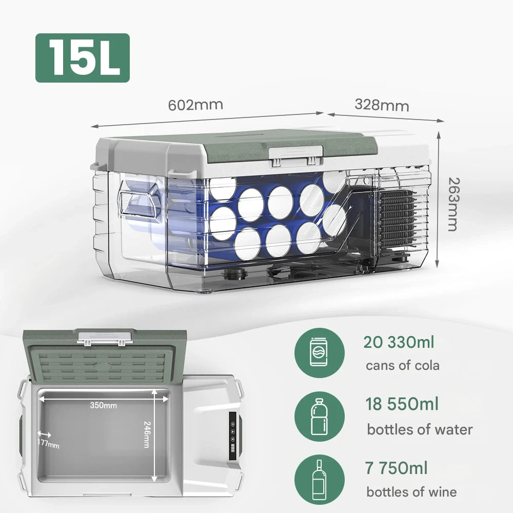 Mini Koelkast - Auto Koelkast - Draagbare Compressor Koelbox - Elektrische Vriesbox - met Veiligheidssleuven voor Vastbinden - voor Camping - Auto - Vrachtwagen - Boot - 15L - 100V~240V AC - 12/24 DC - 60.2 x 32.8 x 26.3 cm - Groen
