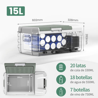Draagbare Autokoelkast Met Vriesvak – Elektrische Auto Koelbox – 12V/24V Aansluiting – Compacte Koelbox 15L – Instelbare Temperatuur Tot -20°C – Ideaal Voor Auto - Camping en Vrachtwagen – Koelen en Vriezen - QUORE
