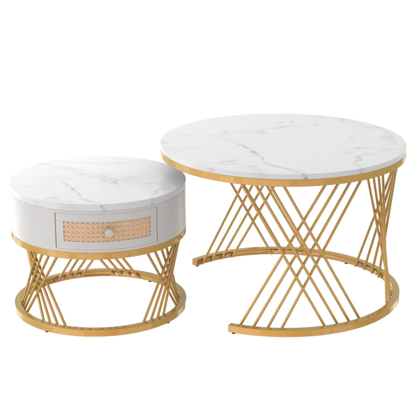 Salontafel – Koffietafel – Bijzettafel – Tafeltje – Tafelset – MDF Marmerlook Blad – Gouden Metalen Poten – 2-in-1 Set Met Lade – Afm. 70x70x45,5 & 50x50x38,5 cm