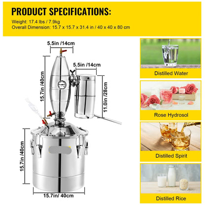 Alcohol Distilleerder - Destilleerapparaat Etherische Olie - Moonshine Still Distiller - Distilleerketel voor Alcohol - 50L - RVS - Bierbrouw Installatie - DIY Wijnapparaat - voor Bier - Wijn - Moonshine & Etherische Oliën - QUORE