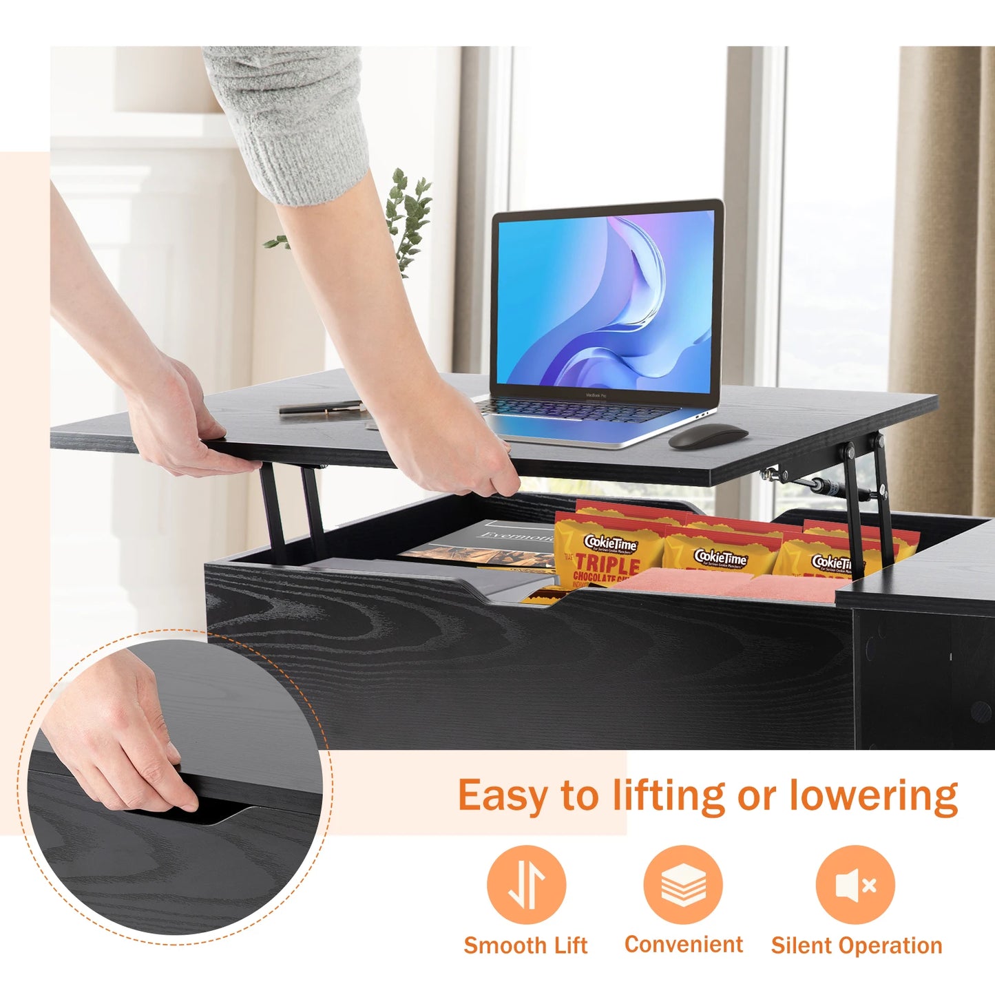 Verstelbare Salontafel - Met Lift-Top - Houten Koffietafel met Opbergruimte - Multifunctionele Eettafel - Bureau Voor Woonkamer - 100 x 50 x 44.2 cm - Zwart