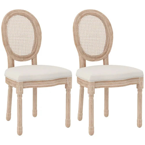 Eetkamerstoelen – Stoelen – Set Van 2 – Linnen Stoelen – Rotan Rugleuning – Massief Rubberhout – Verstelbare Voetkussens - 48 x 57 x 96 cm - Crèmewit
