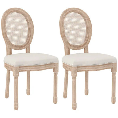 Eetkamerstoelen – Stoelen – Set Van 2 – Linnen Stoelen – Rotan Rugleuning – Massief Rubberhout – Verstelbare Voetkussens - 48 x 57 x 96 cm - Crèmewit