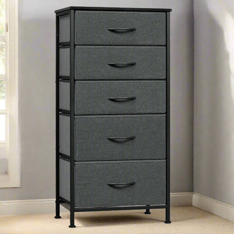 Ladenkast - Dressoir Kasten - Ladekast met 5 Stoffen Lades - Vintage Houtlook – Stabiele Opbergkast - Metaal Frame – Voor Slaapkamer - Woonkamer - Hal - 45.5x95.5 x30cm - Donkergrijs