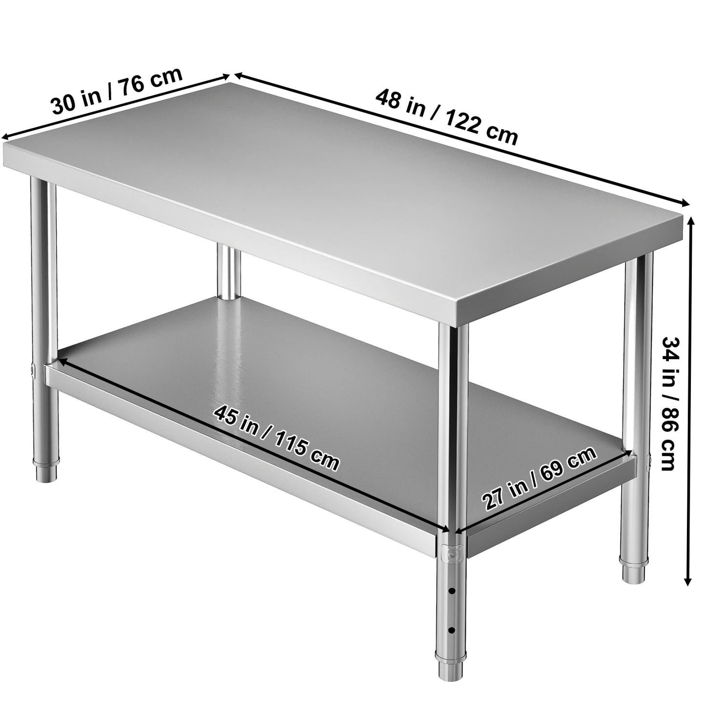 Roestvrijstalen Werktafel - Keukentafel - Keuken Werktafel - Keukeneiland - Werkbank - Verstelbare Onderniveau - 48x30x34inch - Industriële Werktafel RVS - Met Opbergruimte