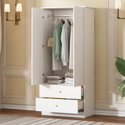 Witte Kledingkast – Garderobekast – Kledingrek – Opbergkast – 2 Lades – Houtmateriaal – 175 Cm Hoog