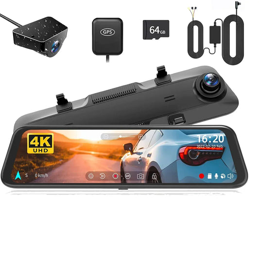 Dashcam Spiegel - Dashcam voor Auto – 12" - Touchscreen - GPS Navigatie – 24K - Achtercamera – Nachtzicht – Parkeermodus – WDR – 170° Groothoek - Hardwire-kit - QUORE