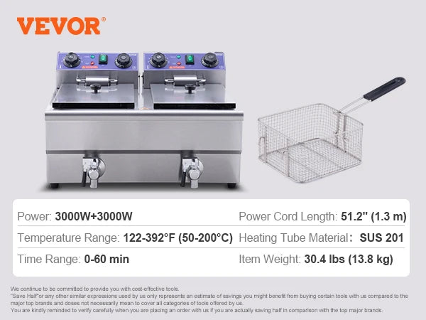VEVOR Electric Deep Fryer w/Dual Removable Tanks 24L 3000W Commercial Countertop Fryer for Chicken French Fries Frying Chips