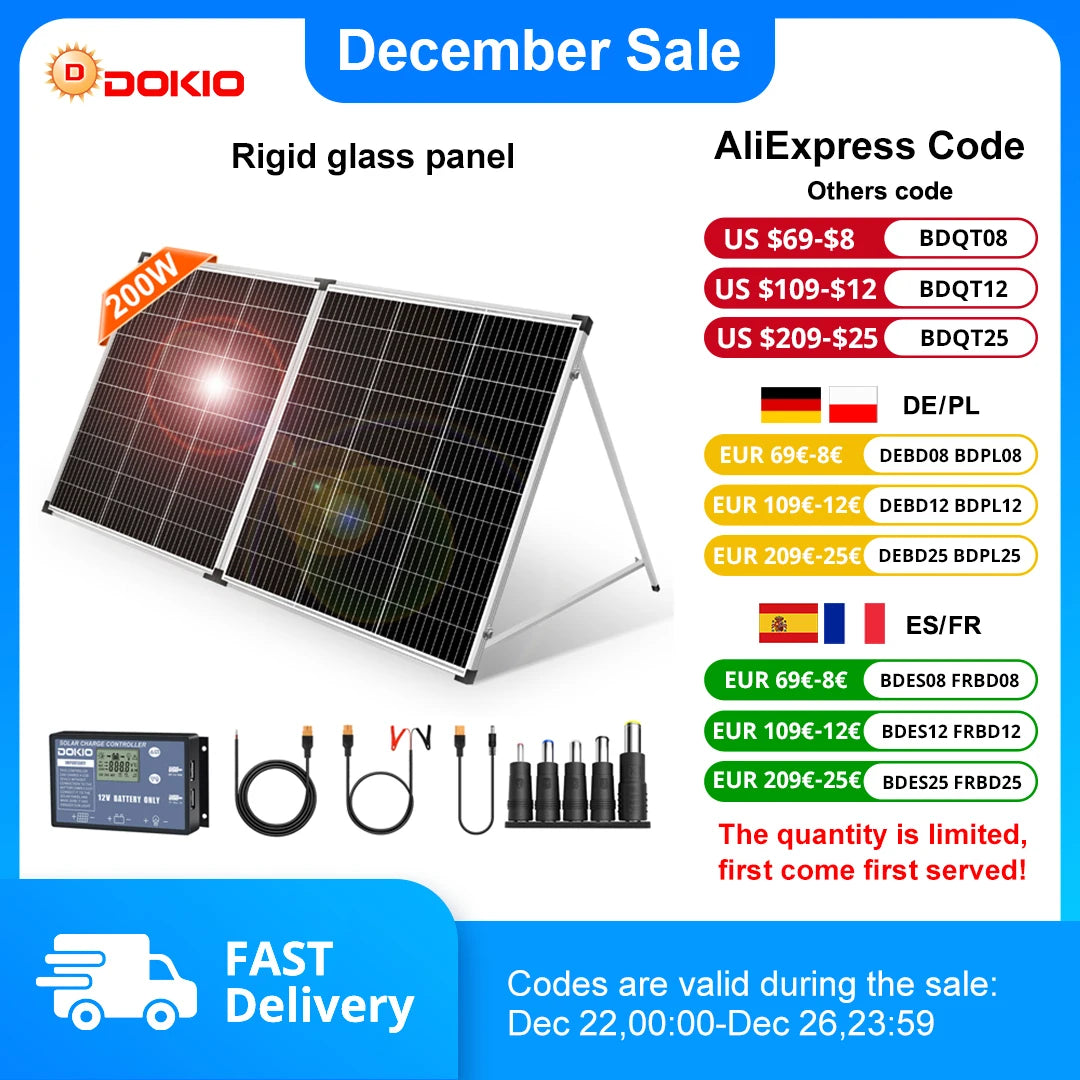 DOKIO 200W 18V Glass Folding Monocrystalline Waterproof Solar Panel with 12V Controller Kit from China Easy to Carry #FSP-200M
