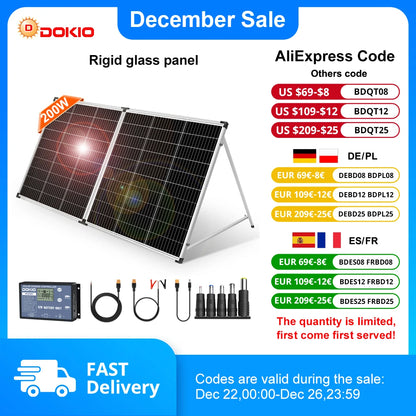 DOKIO 200W 18V Glass Folding Monocrystalline Waterproof Solar Panel with 12V Controller Kit from China Easy to Carry #FSP-200M