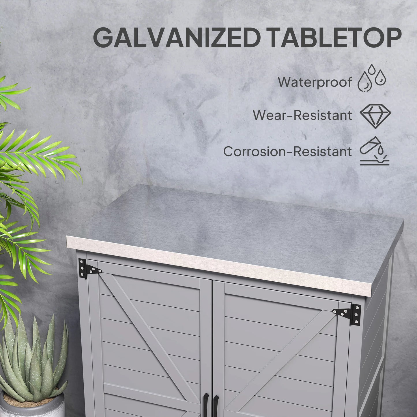 Tuinkast – Opbergkast – Tuinopslag – Tuinmeubel – Werkblad – Waterbestendig Gegalvaniseerd Oppervlak – Robuust Dennenhout