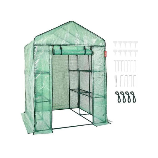 Serre - Tuinkas - Inloopkas - met Planken Zeer Sterk PE Dekzeil - Serre met stalen plantenhouders - met Deuren & Raam - 55.5x55.5x78.7in - QUORE
