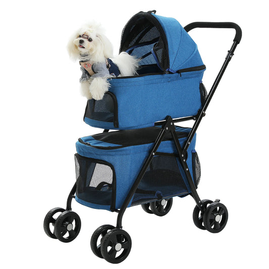 Hondenbuggy - Wagen - Huisdieren - met Opbergzak - 360° Grote Wielen - 4-Wiel - Opvouwbare - met Opslagmand - Gaasvensters - Weerbestendige Coating -Lichtgewicht Huisdierenwagen - Katten - Kleine Honden - Blauw